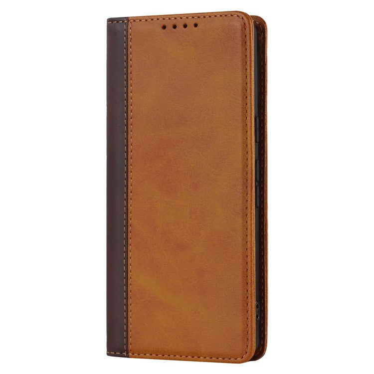 PU Leather Phone Case For Google Pixel 7a, Bi-color Splicing Calf Texture Shockproof Magnetic Phone Cover with Stand Wallet - Yellow  /  Brown