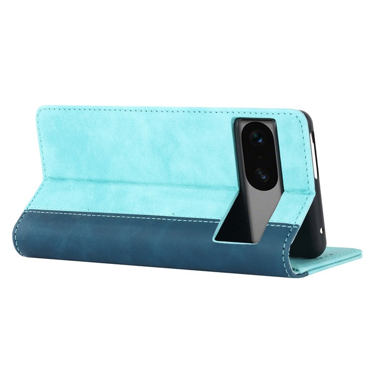 PU Leather Phone Case For Google Pixel 7a, Bi-color Splicing Calf Texture Shockproof Magnetic Phone Cover with Stand Wallet - Light Blue  /  Dark Blue