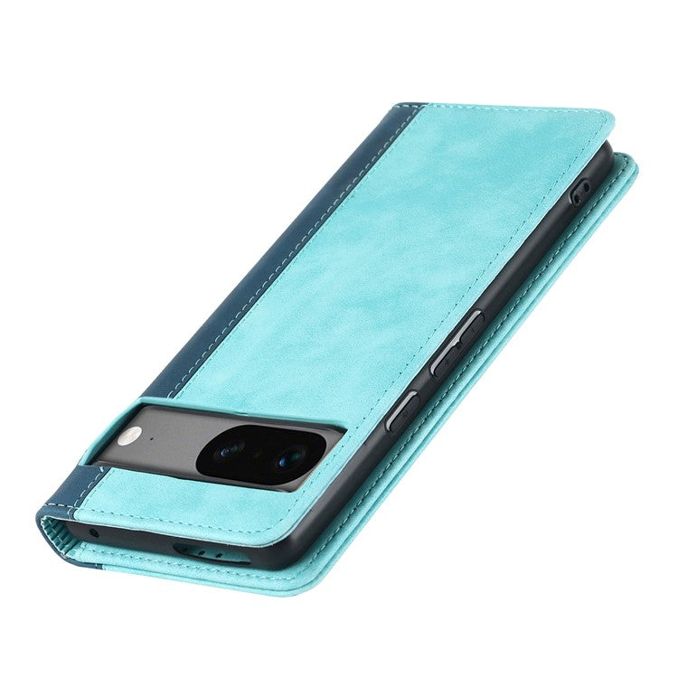 PU Leather Phone Case For Google Pixel 7a, Bi-color Splicing Calf Texture Shockproof Magnetic Phone Cover with Stand Wallet - Light Blue  /  Dark Blue