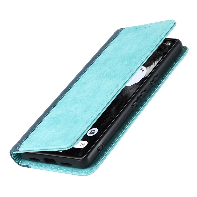PU Leather Phone Case For Google Pixel 7a, Bi-color Splicing Calf Texture Shockproof Magnetic Phone Cover with Stand Wallet - Light Blue  /  Dark Blue