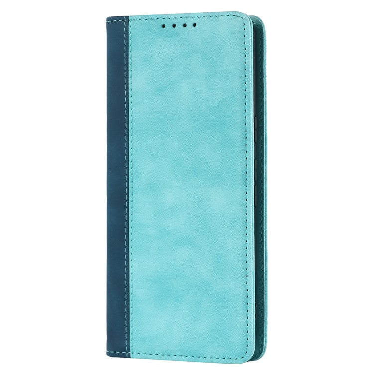 PU Leather Phone Case For Google Pixel 7a, Bi-color Splicing Calf Texture Shockproof Magnetic Phone Cover with Stand Wallet - Light Blue  /  Dark Blue