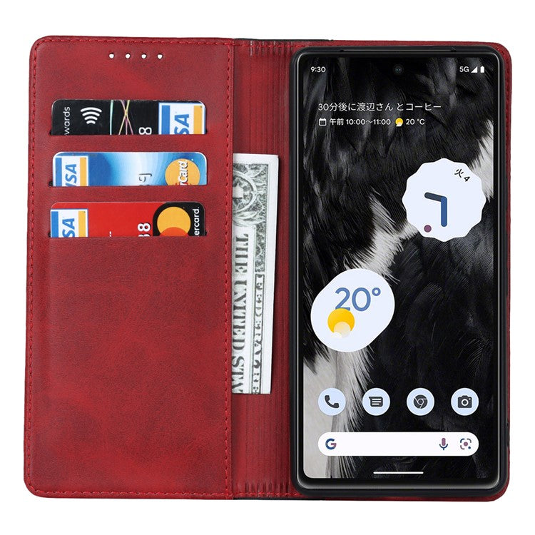 PU Leather Phone Case For Google Pixel 7a, Bi-color Splicing Calf Texture Shockproof Magnetic Phone Cover with Stand Wallet - Red  /  Black