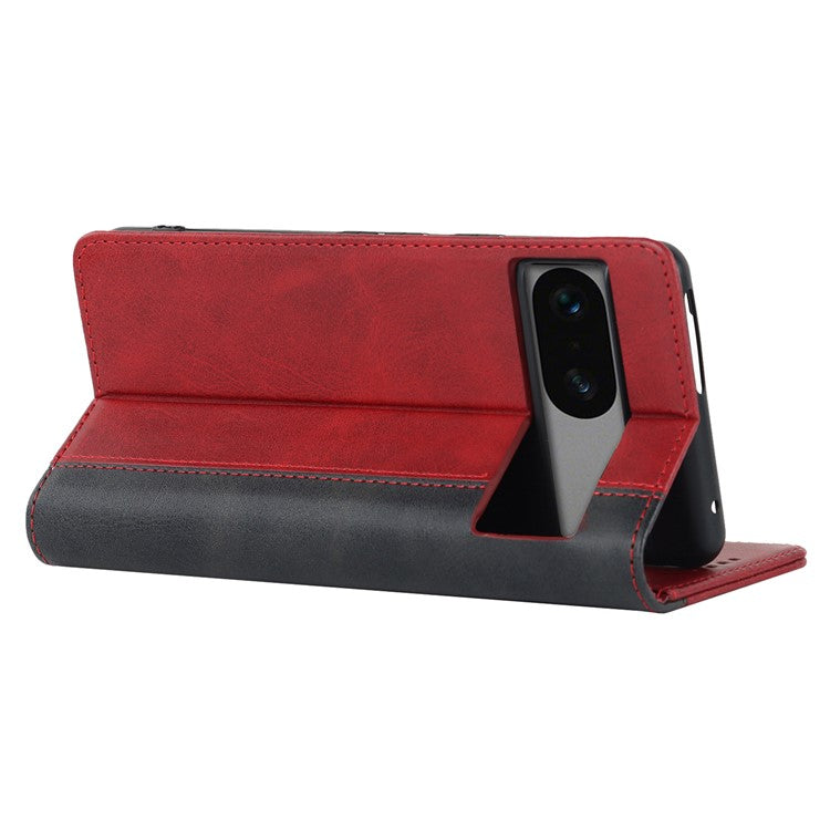 PU Leather Phone Case For Google Pixel 7a, Bi-color Splicing Calf Texture Shockproof Magnetic Phone Cover with Stand Wallet - Red  /  Black
