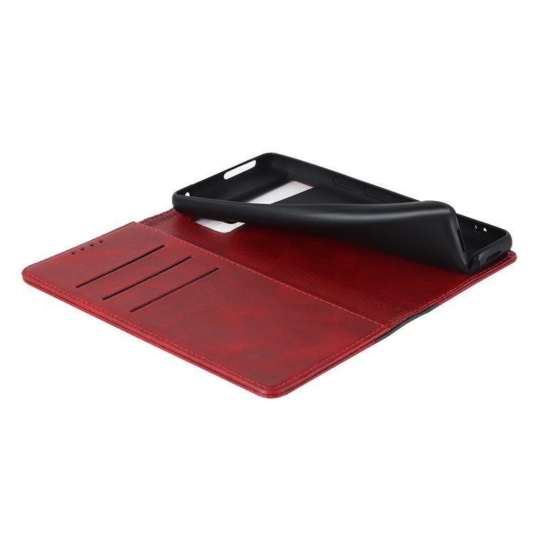 PU Leather Phone Case For Google Pixel 7a, Bi-color Splicing Calf Texture Shockproof Magnetic Phone Cover with Stand Wallet - Red  /  Black