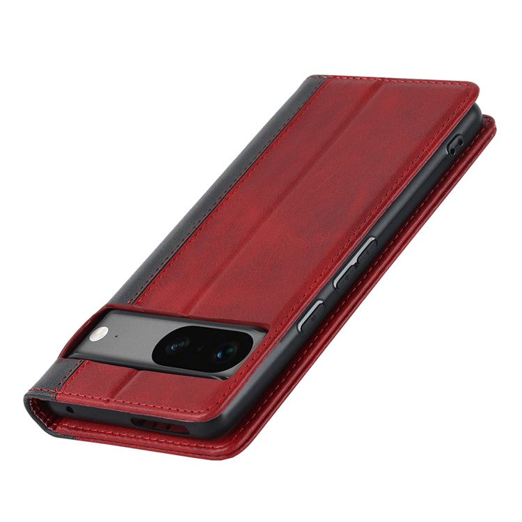 PU Leather Phone Case For Google Pixel 7a, Bi-color Splicing Calf Texture Shockproof Magnetic Phone Cover with Stand Wallet - Red  /  Black