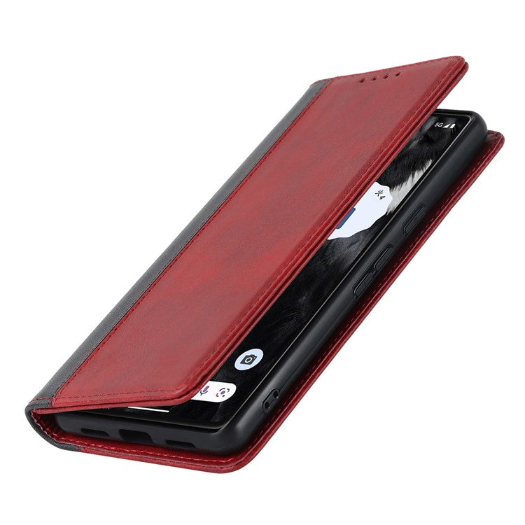 PU Leather Phone Case For Google Pixel 7a, Bi-color Splicing Calf Texture Shockproof Magnetic Phone Cover with Stand Wallet - Red  /  Black