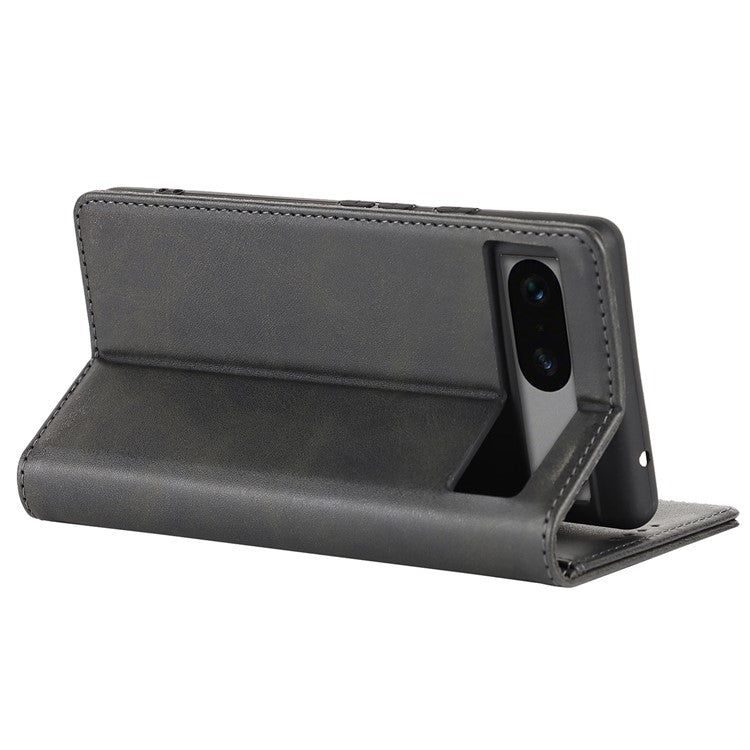 For Google Pixel 7a Anti-drop Phone Cover Calf Texture PU Leather Protective Phone Case with Stand Wallet - Black