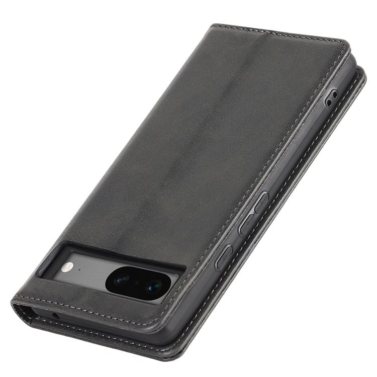 For Google Pixel 7a Anti-drop Phone Cover Calf Texture PU Leather Protective Phone Case with Stand Wallet - Black