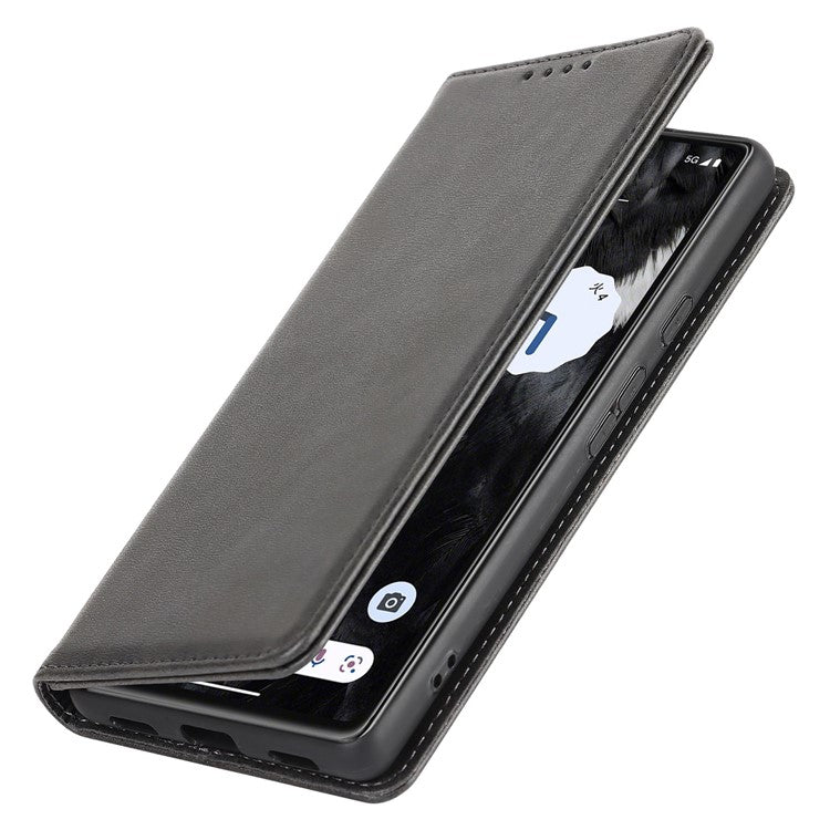 For Google Pixel 7a Anti-drop Phone Cover Calf Texture PU Leather Protective Phone Case with Stand Wallet - Black