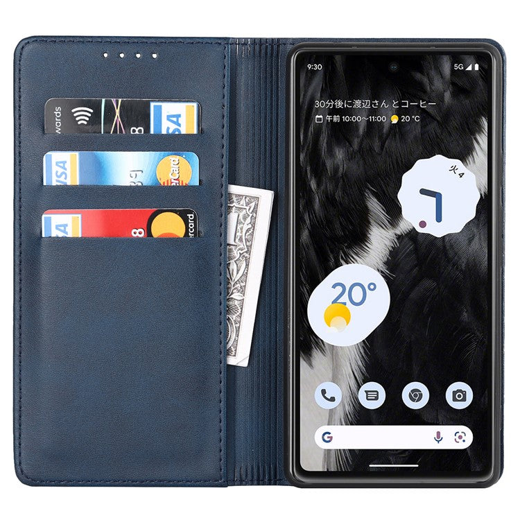For Google Pixel 7a Anti-drop Phone Cover Calf Texture PU Leather Protective Phone Case with Stand Wallet - Dark Blue