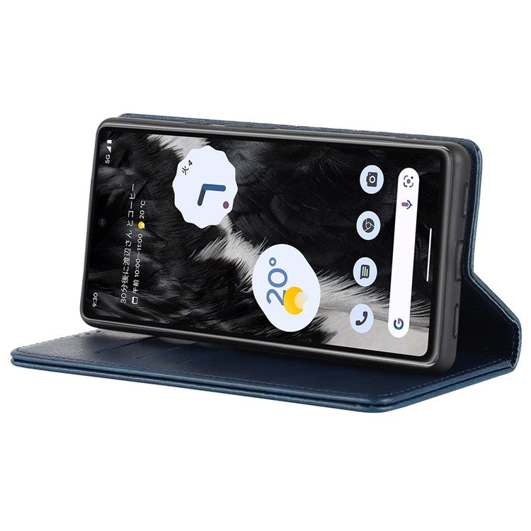 For Google Pixel 7a Anti-drop Phone Cover Calf Texture PU Leather Protective Phone Case with Stand Wallet - Dark Blue