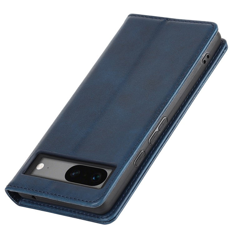For Google Pixel 7a Anti-drop Phone Cover Calf Texture PU Leather Protective Phone Case with Stand Wallet - Dark Blue