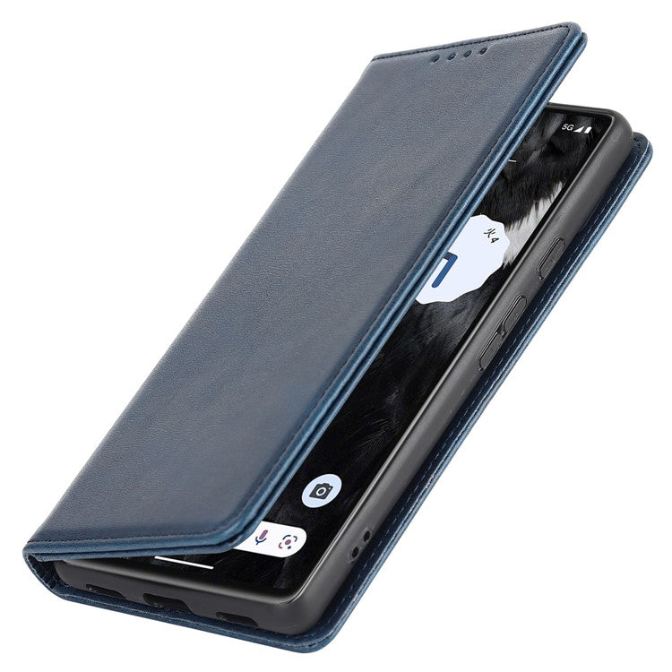 For Google Pixel 7a Anti-drop Phone Cover Calf Texture PU Leather Protective Phone Case with Stand Wallet - Dark Blue
