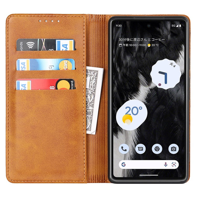 For Google Pixel 7a Anti-drop Phone Cover Calf Texture PU Leather Protective Phone Case with Stand Wallet - Light Brown