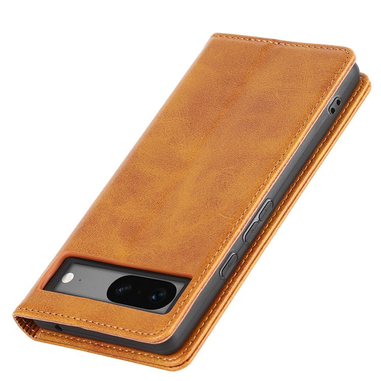 For Google Pixel 7a Anti-drop Phone Cover Calf Texture PU Leather Protective Phone Case with Stand Wallet - Light Brown