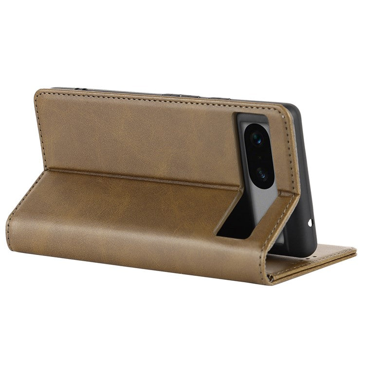 For Google Pixel 7a Anti-drop Phone Cover Calf Texture PU Leather Protective Phone Case with Stand Wallet - Dark Green
