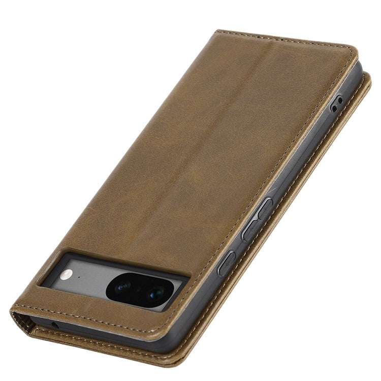 For Google Pixel 7a Anti-drop Phone Cover Calf Texture PU Leather Protective Phone Case with Stand Wallet - Dark Green