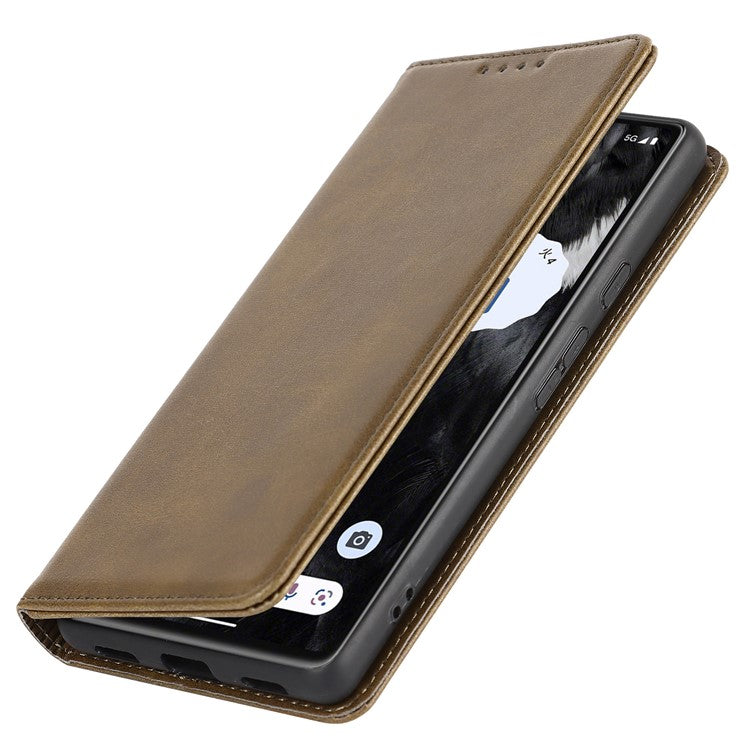 For Google Pixel 7a Anti-drop Phone Cover Calf Texture PU Leather Protective Phone Case with Stand Wallet - Dark Green