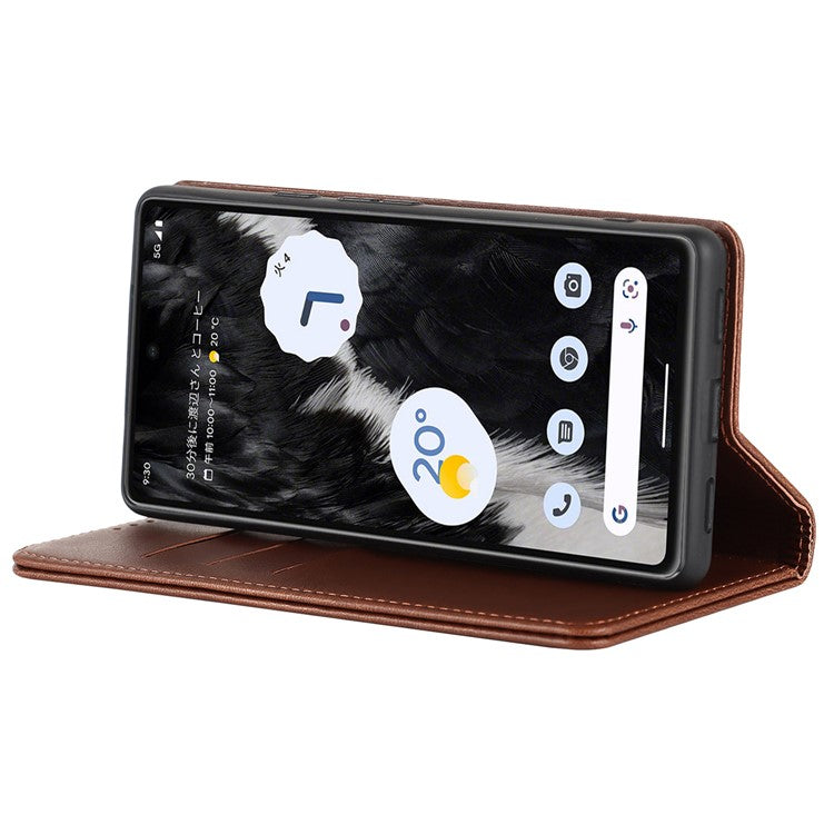 For Google Pixel 7a Anti-drop Phone Cover Calf Texture PU Leather Protective Phone Case with Stand Wallet - Dark Brown