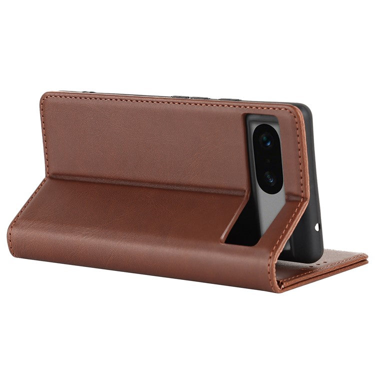 For Google Pixel 7a Anti-drop Phone Cover Calf Texture PU Leather Protective Phone Case with Stand Wallet - Dark Brown
