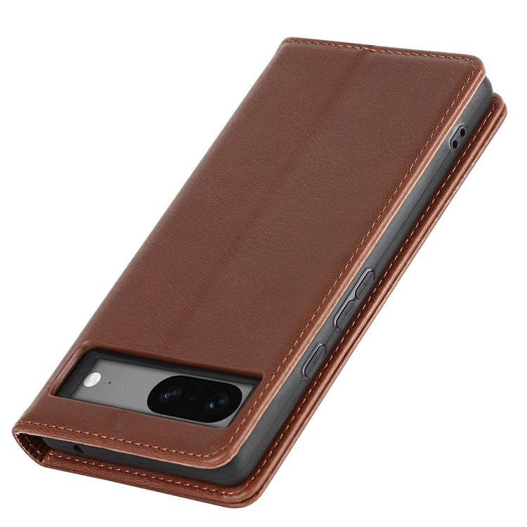For Google Pixel 7a Anti-drop Phone Cover Calf Texture PU Leather Protective Phone Case with Stand Wallet - Dark Brown