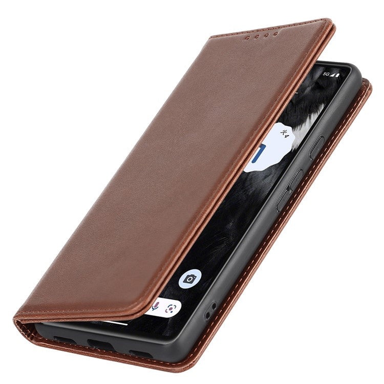 For Google Pixel 7a Anti-drop Phone Cover Calf Texture PU Leather Protective Phone Case with Stand Wallet - Dark Brown