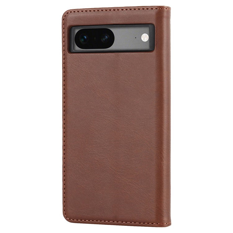 For Google Pixel 7a Anti-drop Phone Cover Calf Texture PU Leather Protective Phone Case with Stand Wallet - Dark Brown