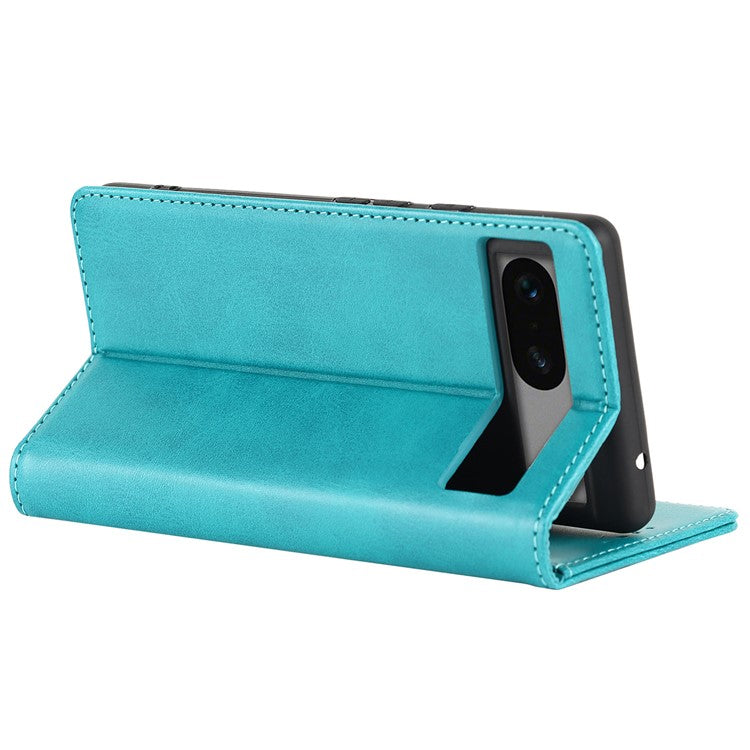 For Google Pixel 7a Anti-drop Phone Cover Calf Texture PU Leather Protective Phone Case with Stand Wallet - Sky Blue
