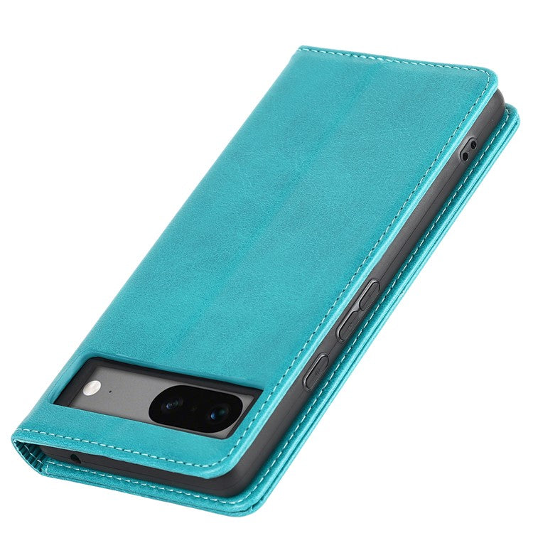 For Google Pixel 7a Anti-drop Phone Cover Calf Texture PU Leather Protective Phone Case with Stand Wallet - Sky Blue