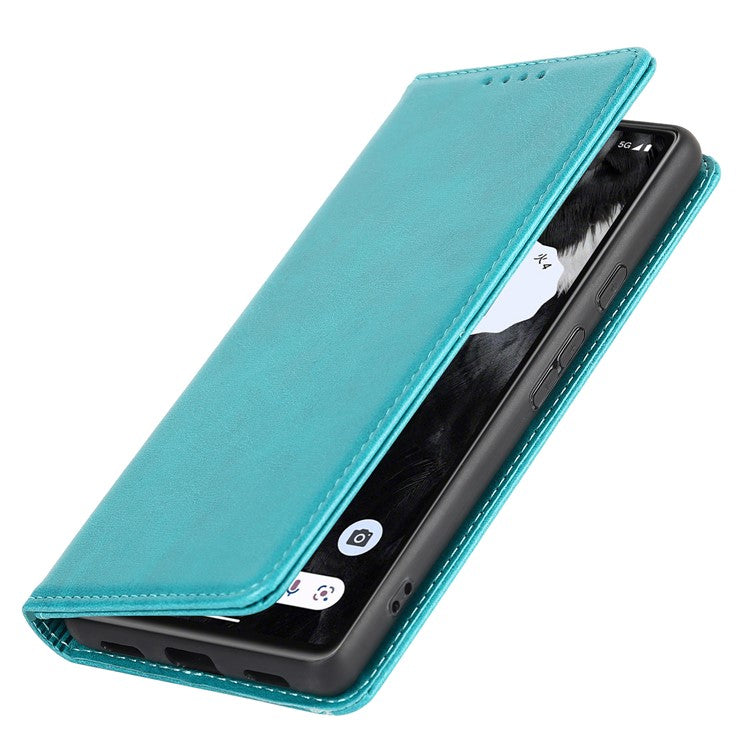 For Google Pixel 7a Anti-drop Phone Cover Calf Texture PU Leather Protective Phone Case with Stand Wallet - Sky Blue