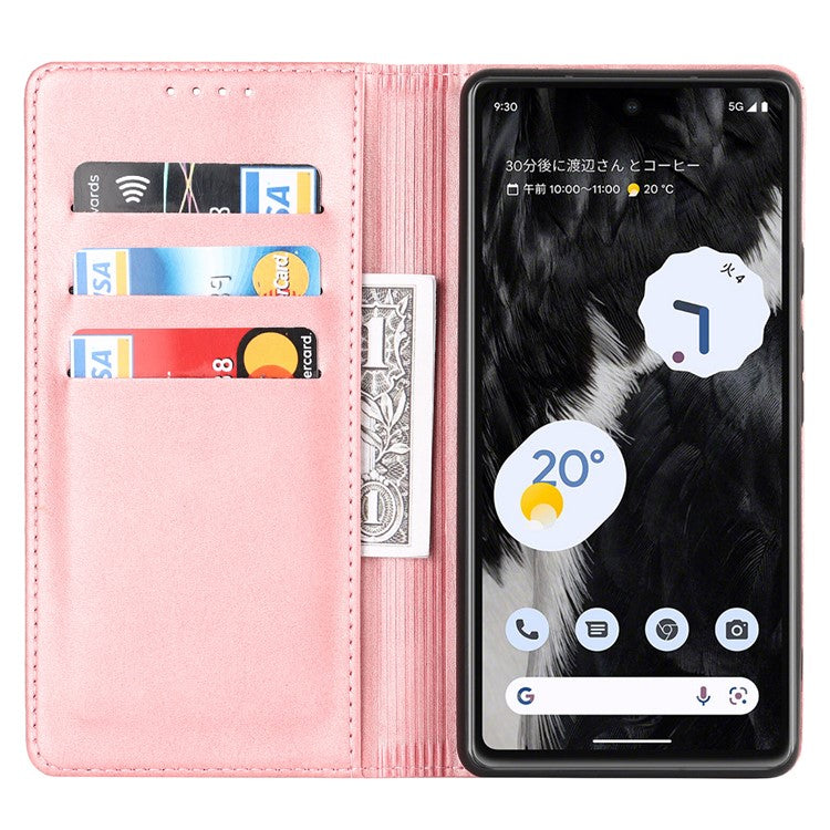 For Google Pixel 7a Anti-drop Phone Cover Calf Texture PU Leather Protective Phone Case with Stand Wallet - Rose Gold
