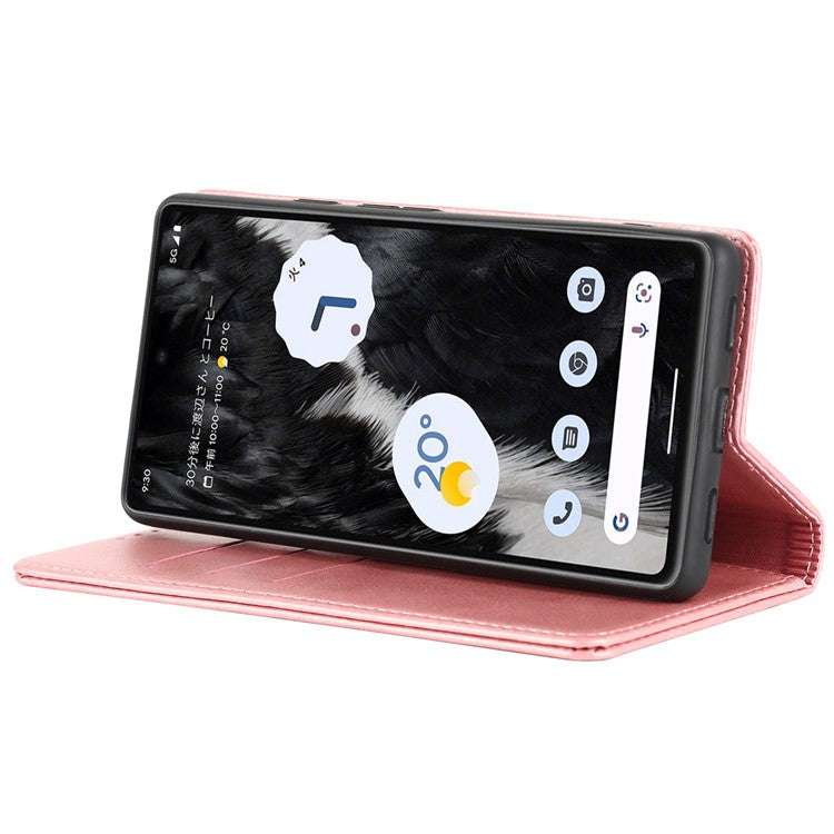 For Google Pixel 7a Anti-drop Phone Cover Calf Texture PU Leather Protective Phone Case with Stand Wallet - Rose Gold