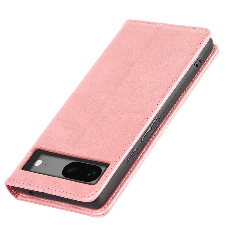 For Google Pixel 7a Anti-drop Phone Cover Calf Texture PU Leather Protective Phone Case with Stand Wallet - Rose Gold