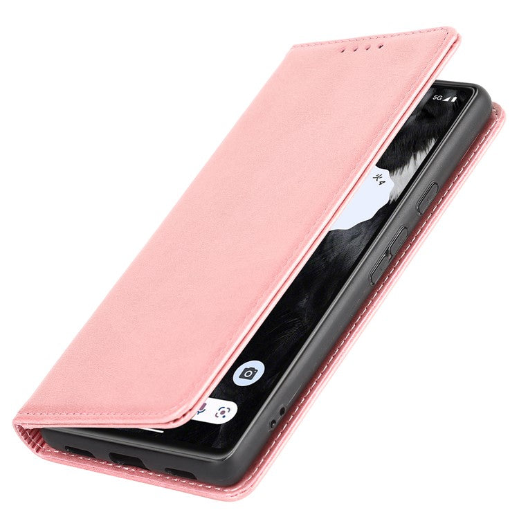 For Google Pixel 7a Anti-drop Phone Cover Calf Texture PU Leather Protective Phone Case with Stand Wallet - Rose Gold