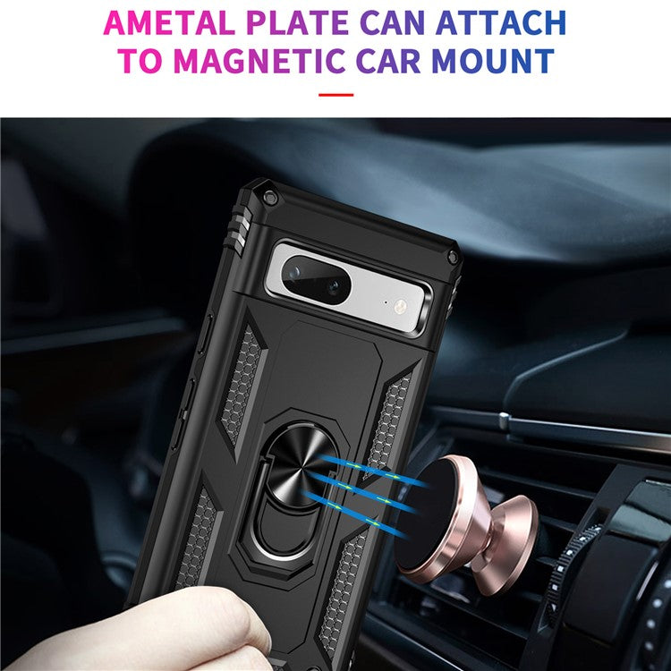 Back Protector Phone Case for Google Pixel 7a, Military Grade Anti-drop PC + TPU Protective Cover with Ring Kickstand - Black