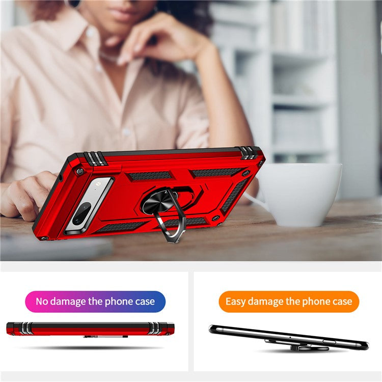 Back Protector Phone Case for Google Pixel 7a, Military Grade Anti-drop PC + TPU Protective Cover with Ring Kickstand - Red