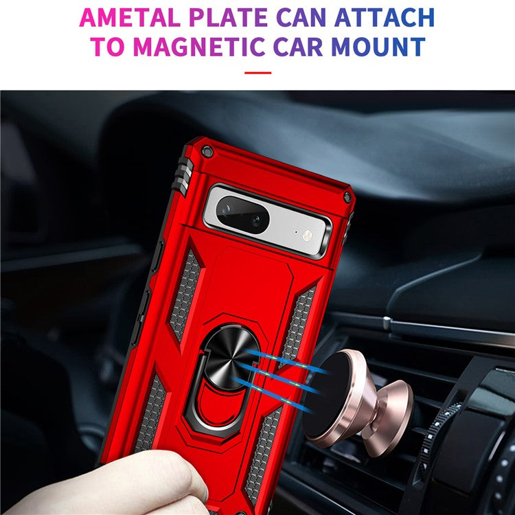 Back Protector Phone Case for Google Pixel 7a, Military Grade Anti-drop PC + TPU Protective Cover with Ring Kickstand - Red