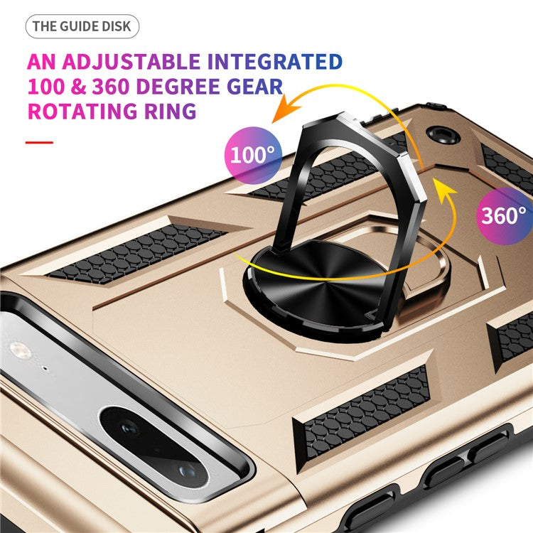 Back Protector Phone Case for Google Pixel 7a, Military Grade Anti-drop PC + TPU Protective Cover with Ring Kickstand - Gold