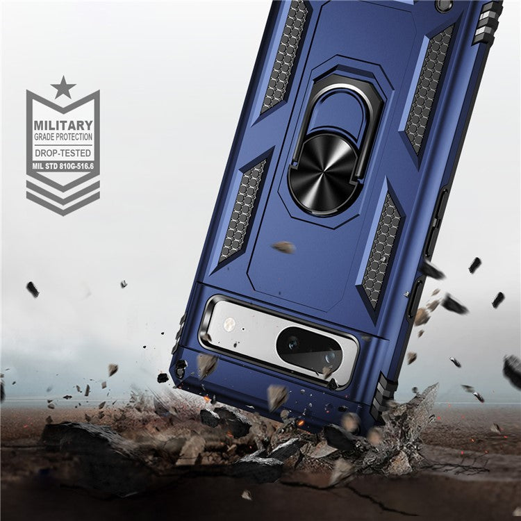 Back Protector Phone Case for Google Pixel 7a, Military Grade Anti-drop PC + TPU Protective Cover with Ring Kickstand - Blue