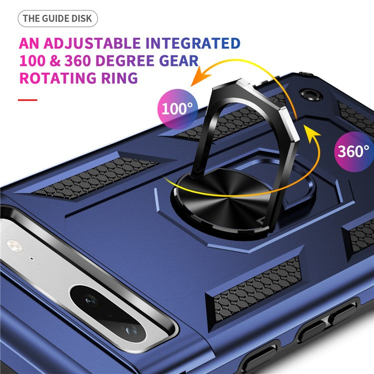 Back Protector Phone Case for Google Pixel 7a, Military Grade Anti-drop PC + TPU Protective Cover with Ring Kickstand - Blue