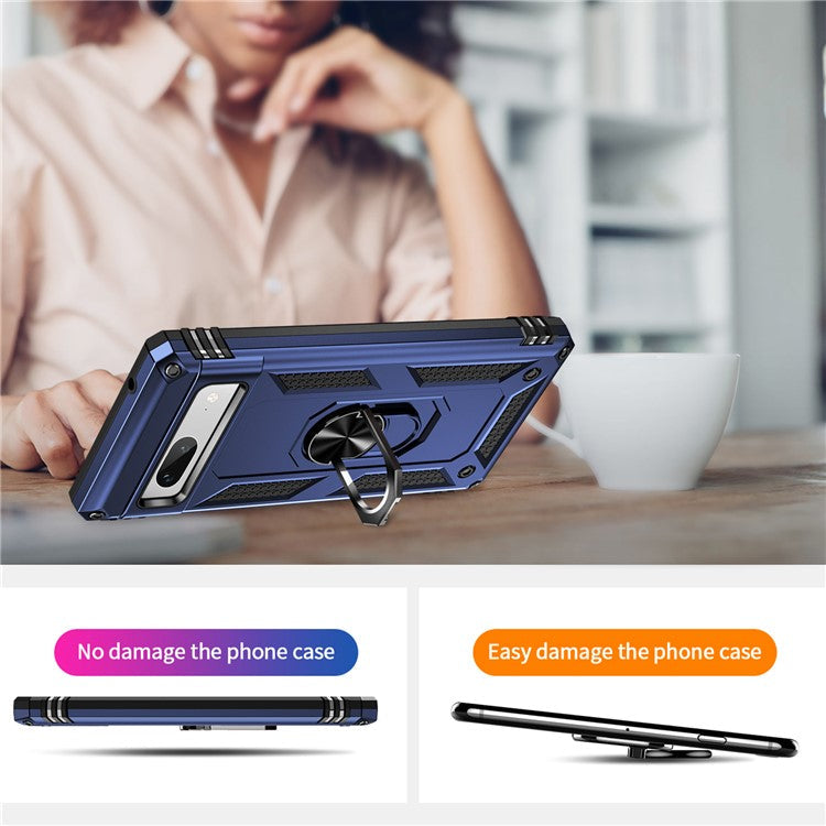 Back Protector Phone Case for Google Pixel 7a, Military Grade Anti-drop PC + TPU Protective Cover with Ring Kickstand - Blue