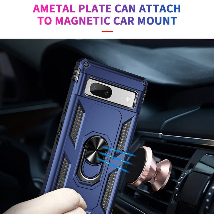 Back Protector Phone Case for Google Pixel 7a, Military Grade Anti-drop PC + TPU Protective Cover with Ring Kickstand - Blue