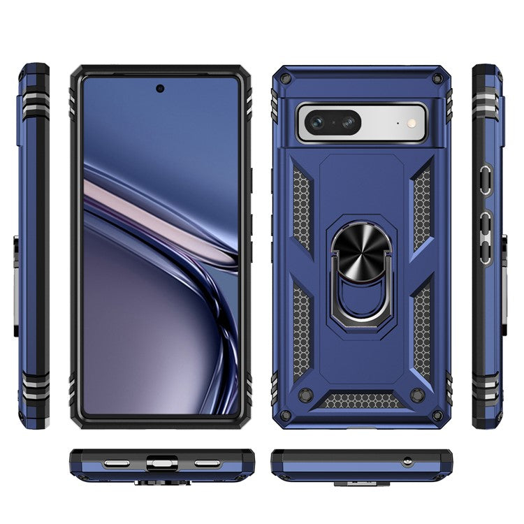 Back Protector Phone Case for Google Pixel 7a, Military Grade Anti-drop PC + TPU Protective Cover with Ring Kickstand - Blue