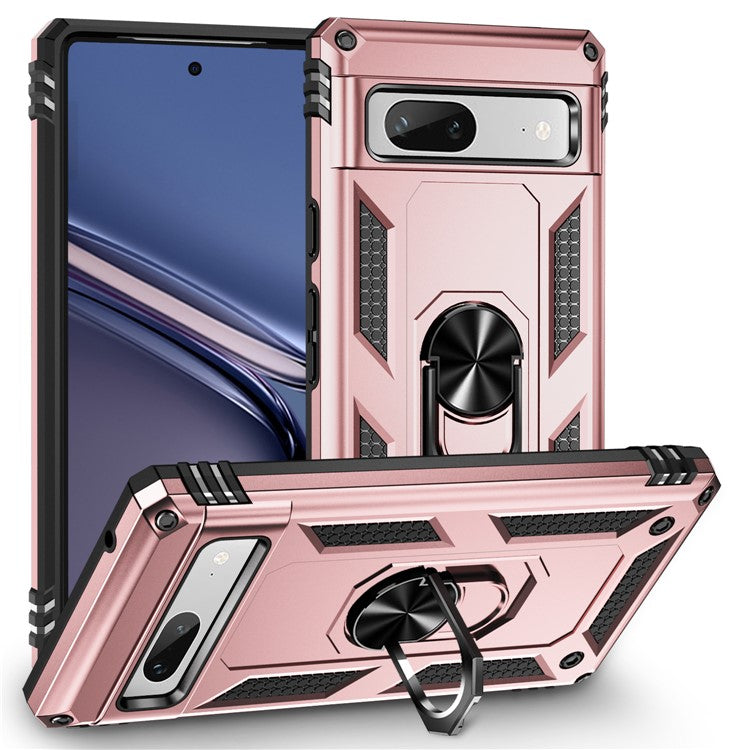 Back Protector Phone Case for Google Pixel 7a, Military Grade Anti-drop PC + TPU Protective Cover with Ring Kickstand - Rose Gold