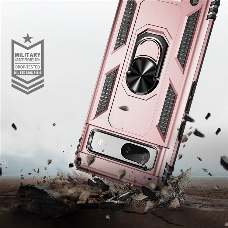 Back Protector Phone Case for Google Pixel 7a, Military Grade Anti-drop PC + TPU Protective Cover with Ring Kickstand - Rose Gold
