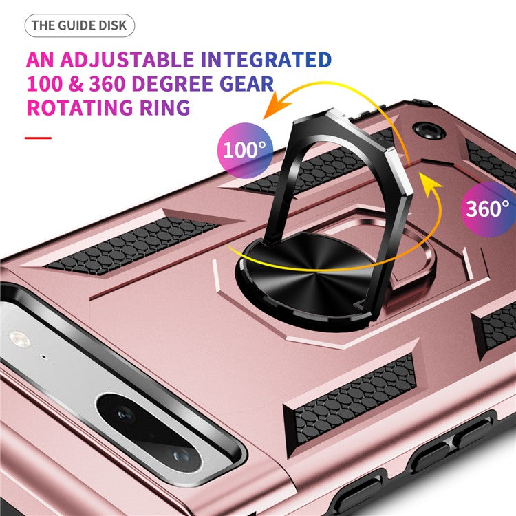 Back Protector Phone Case for Google Pixel 7a, Military Grade Anti-drop PC + TPU Protective Cover with Ring Kickstand - Rose Gold