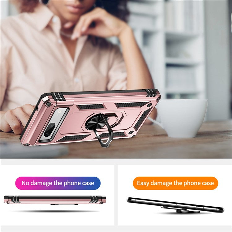 Back Protector Phone Case for Google Pixel 7a, Military Grade Anti-drop PC + TPU Protective Cover with Ring Kickstand - Rose Gold
