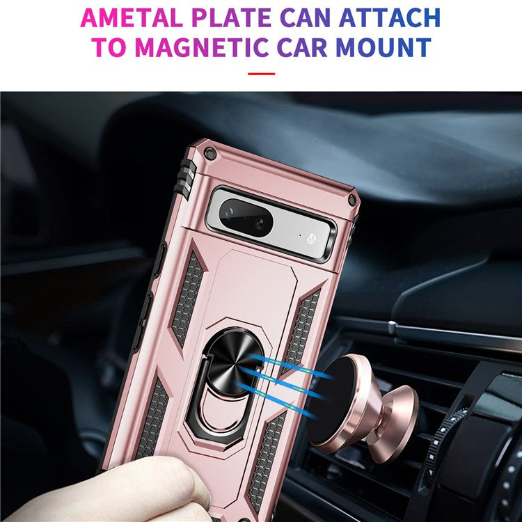 Back Protector Phone Case for Google Pixel 7a, Military Grade Anti-drop PC + TPU Protective Cover with Ring Kickstand - Rose Gold
