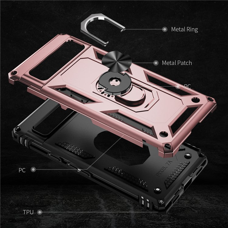 Back Protector Phone Case for Google Pixel 7a, Military Grade Anti-drop PC + TPU Protective Cover with Ring Kickstand - Rose Gold