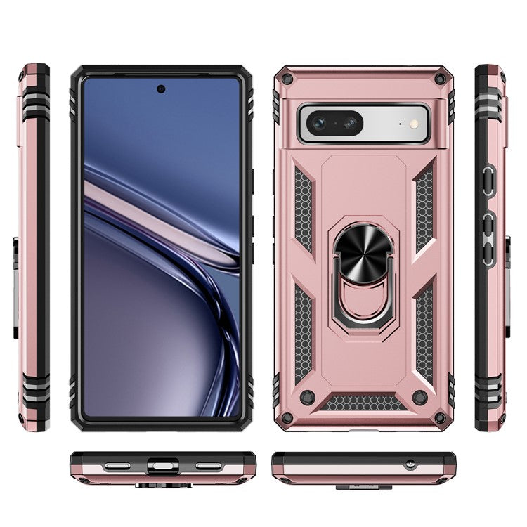 Back Protector Phone Case for Google Pixel 7a, Military Grade Anti-drop PC + TPU Protective Cover with Ring Kickstand - Rose Gold